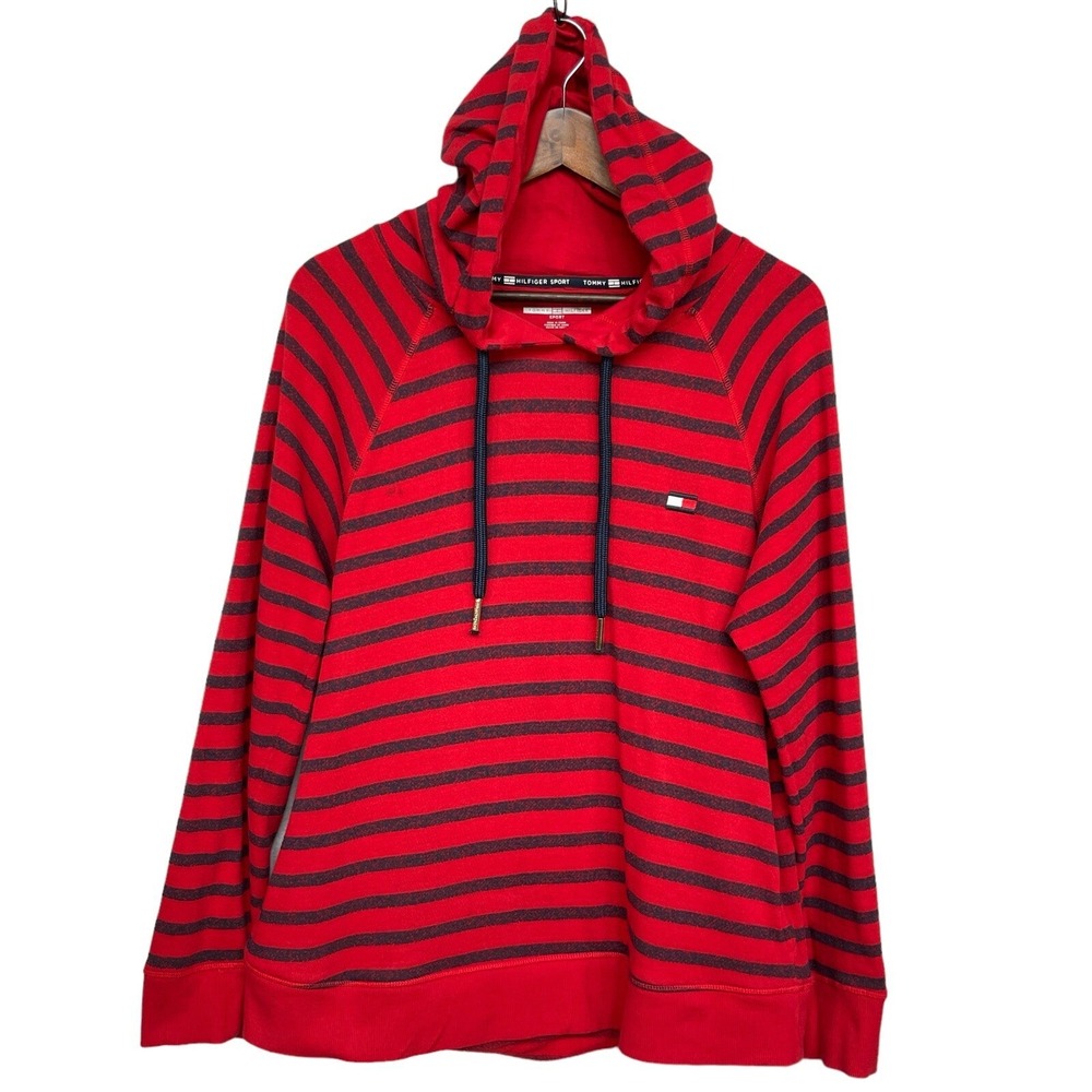 Tommy Hilfiger Sport Womens XL Red Navy Blue Striped Hoodie Pullover TPJO9038